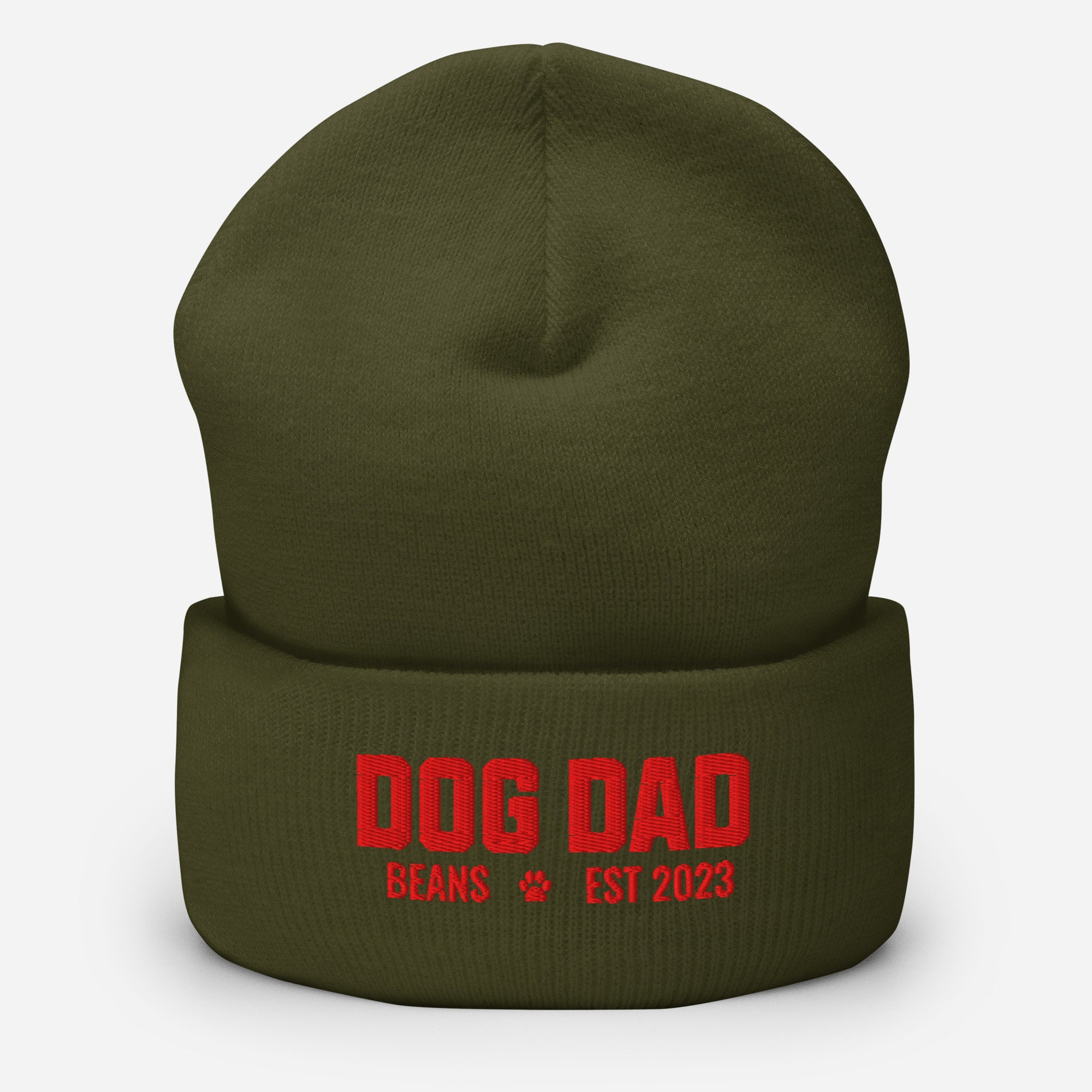 Custom Dog Dad with Dog Name Embroidered Cuffed Beanie . Olive
