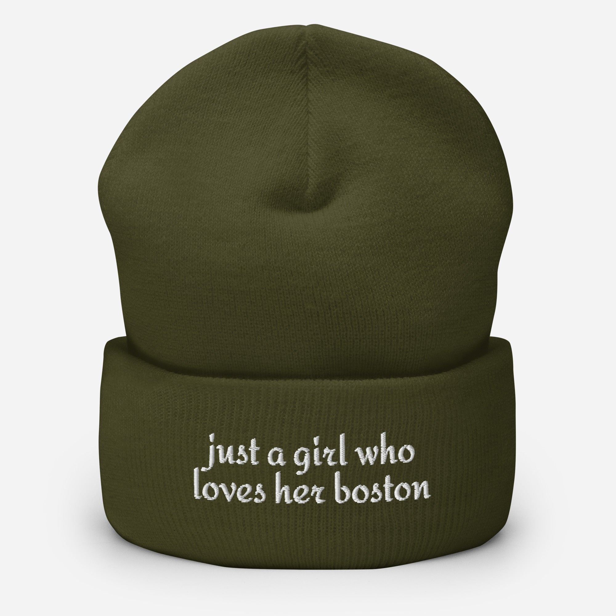 Just A Girl Who Loves Her Boston Cuffed Beanie . Olive