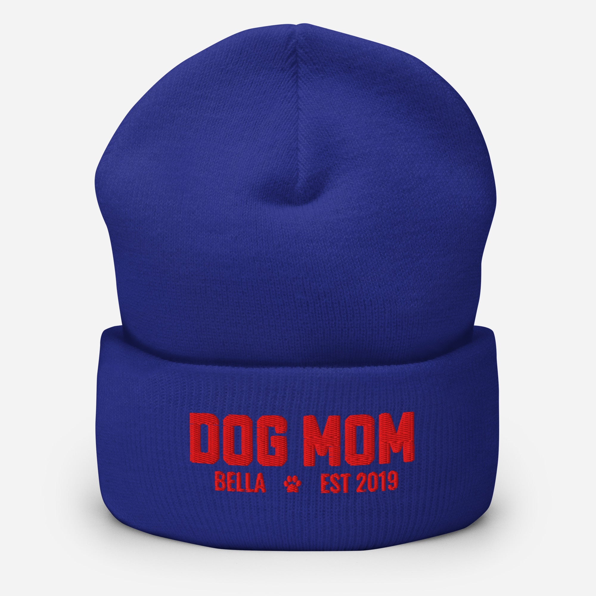 Custom Dog Mom with Dog Name Embroidered Cuffed Beanie . Royal