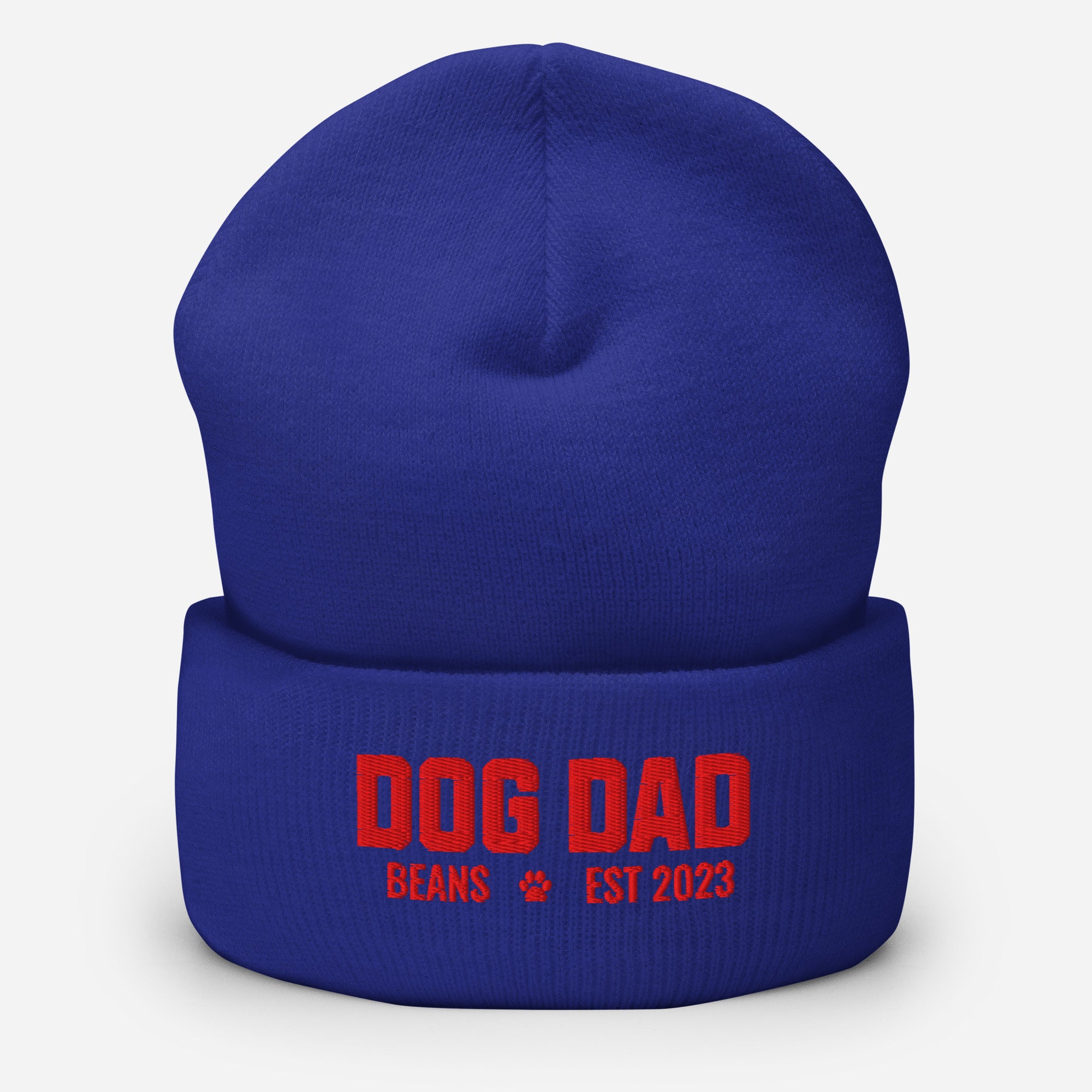 Custom Dog Dad with Dog Name Embroidered Cuffed Beanie . Royal