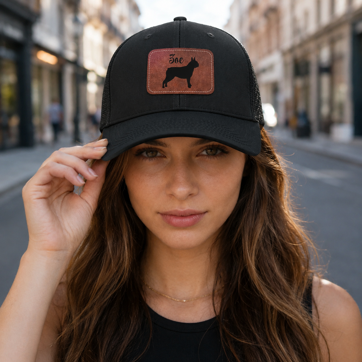 Custom Dog Name With Boston Terrier Silhouette Brown Rectangle Leather Patch Hat Trucker Cap .