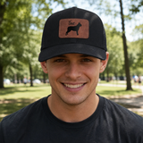 Custom Dog Name With Boston Terrier Silhouette Brown Rectangle Leather Patch Hat Trucker Cap .