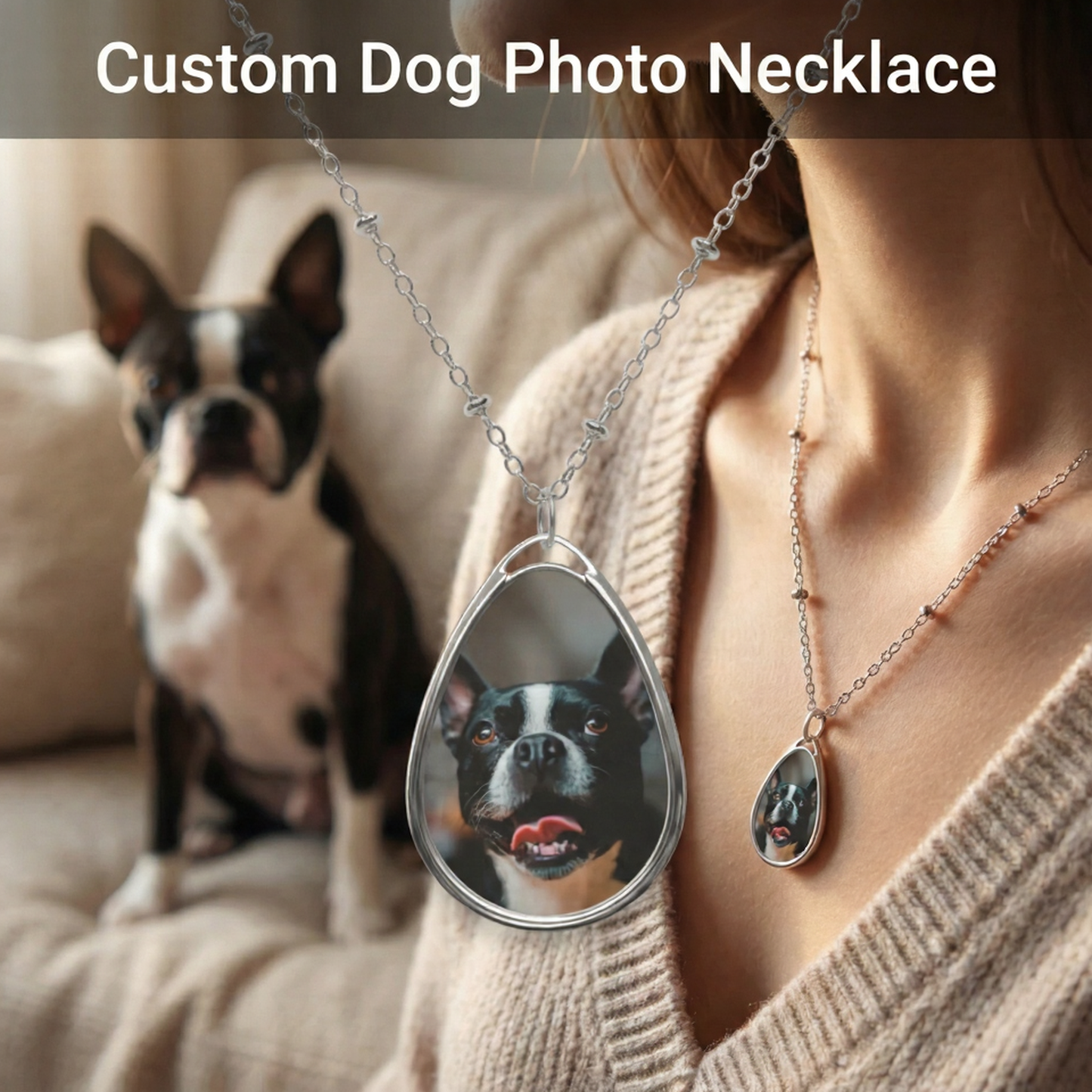 Personalized Oval Photo Necklace — Custom Pet Portrait Teardrop Pendant .