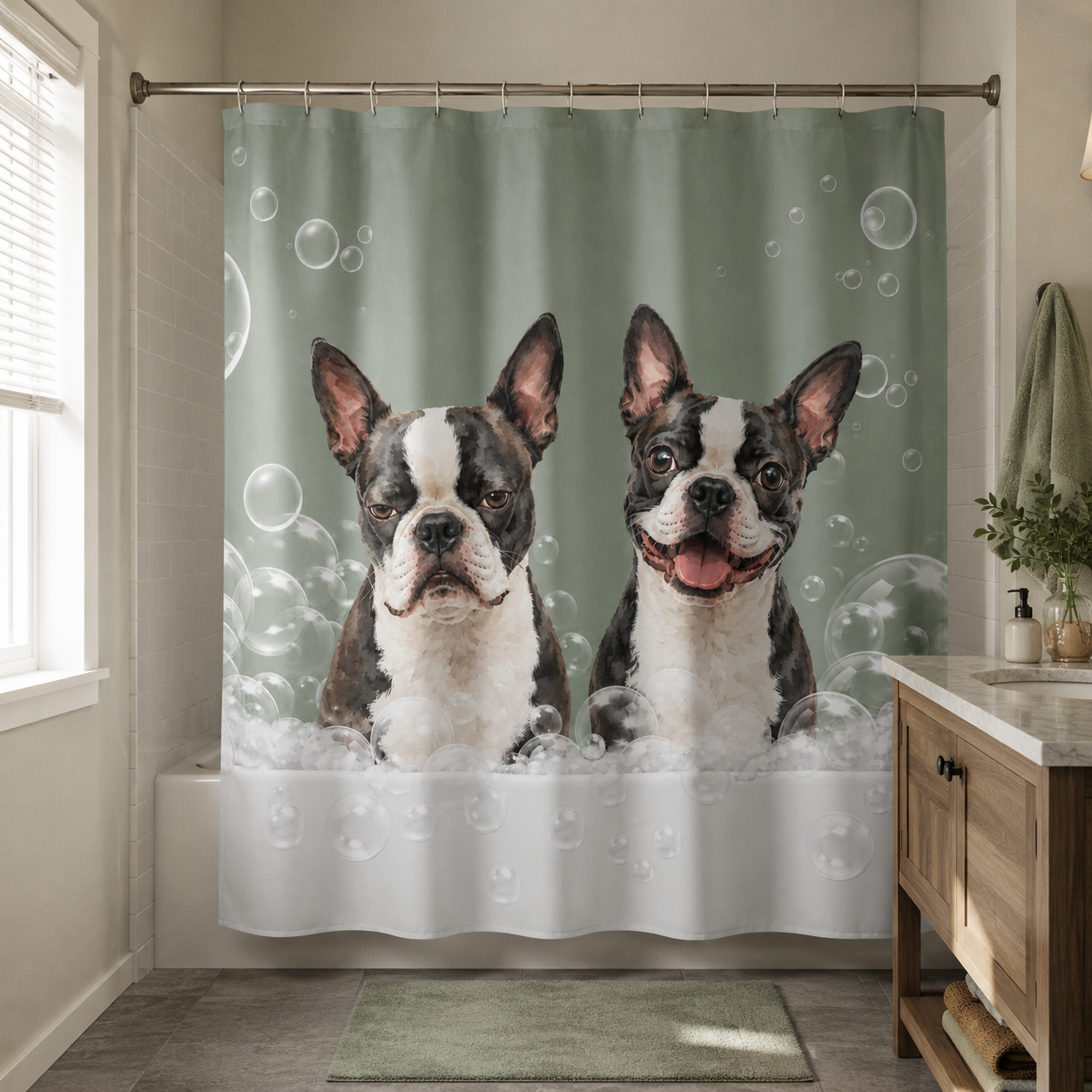 Custom Dog Portrait Bathtub Shower Curtain - Watercolor Art Using Photo(s) For Bathroom .