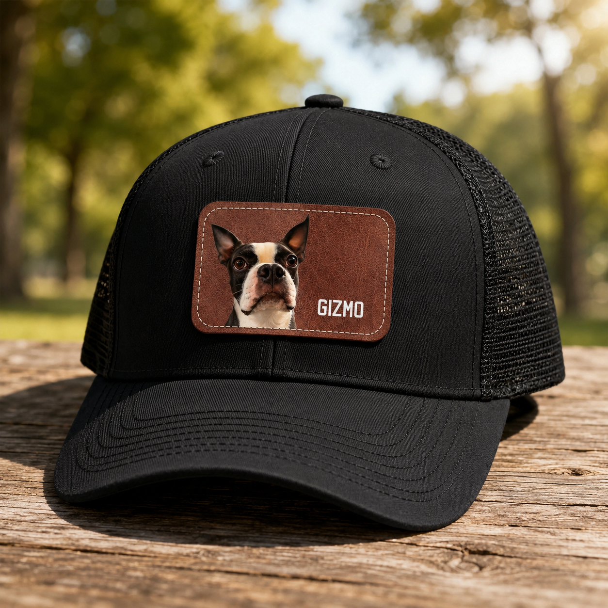 Custom Dog Portrait With Name Brown Rectangle Leather Patch Hat Trucker Cap .