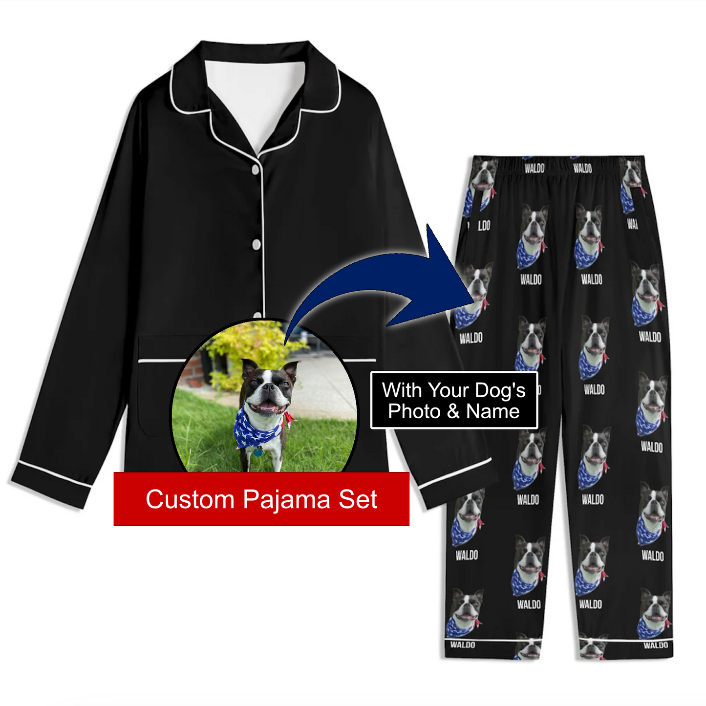 Custom Dog Portrait Childrens Long Sleeve Nightwear Pajama Set Using Dog Photo and Name