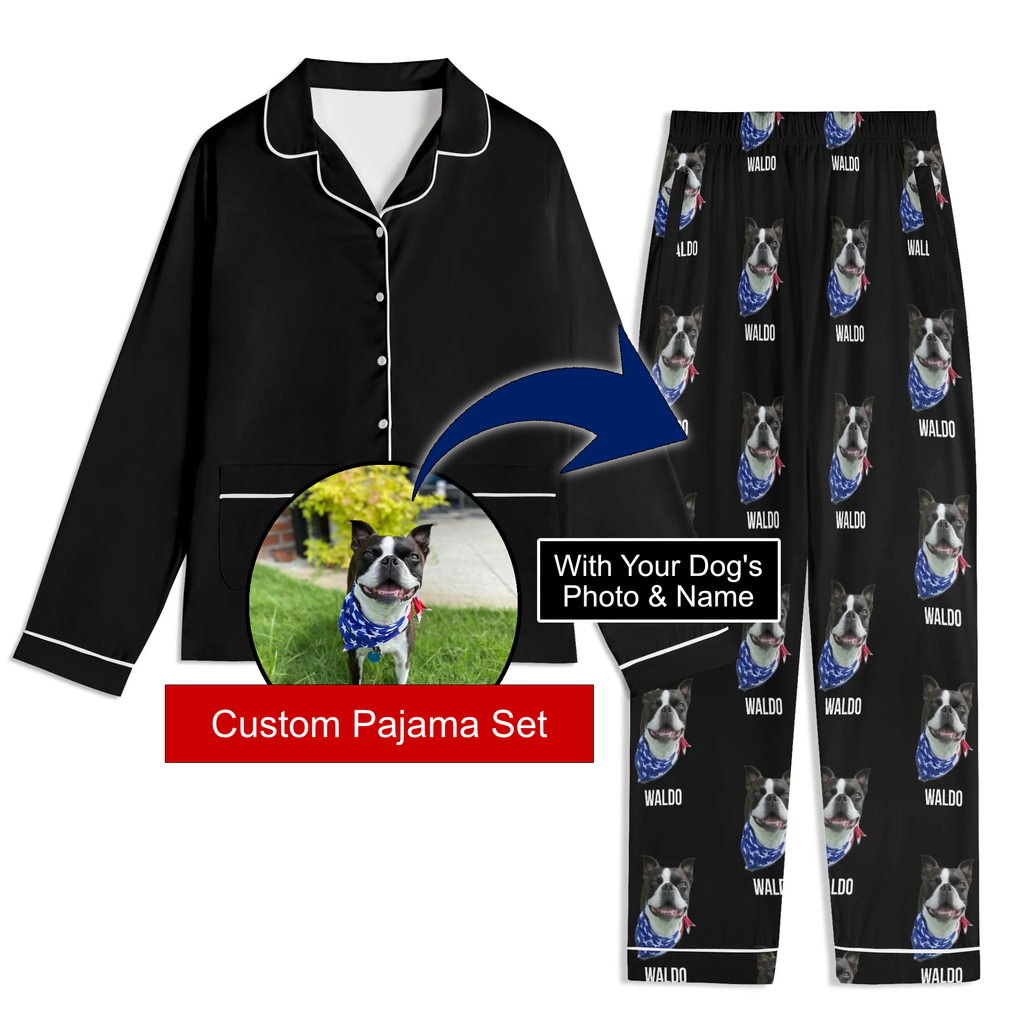 Custom Dog Portrait Unisex Long Sleeve Adult Nightwear Pajama Set Using Dog Photo and Name