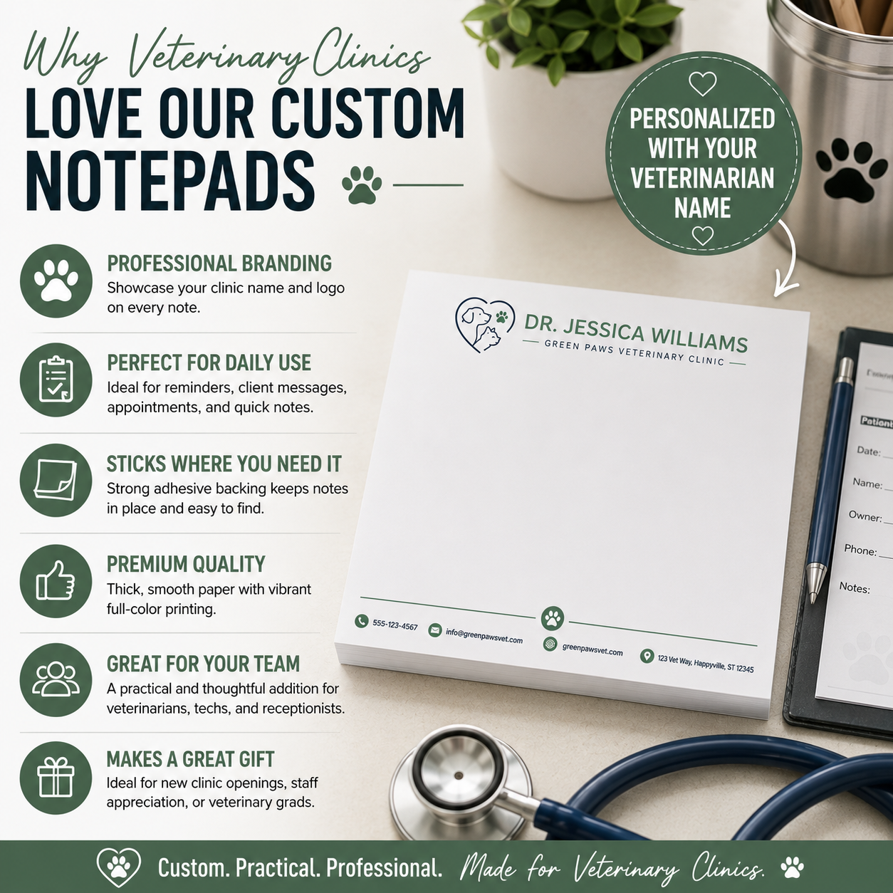 Personalized Veterinary Notepad, Custom Vet Clinic Notepad, Veterinary Office Stationery, Animal Hospital Note Pad, Vet Receptionist Gift