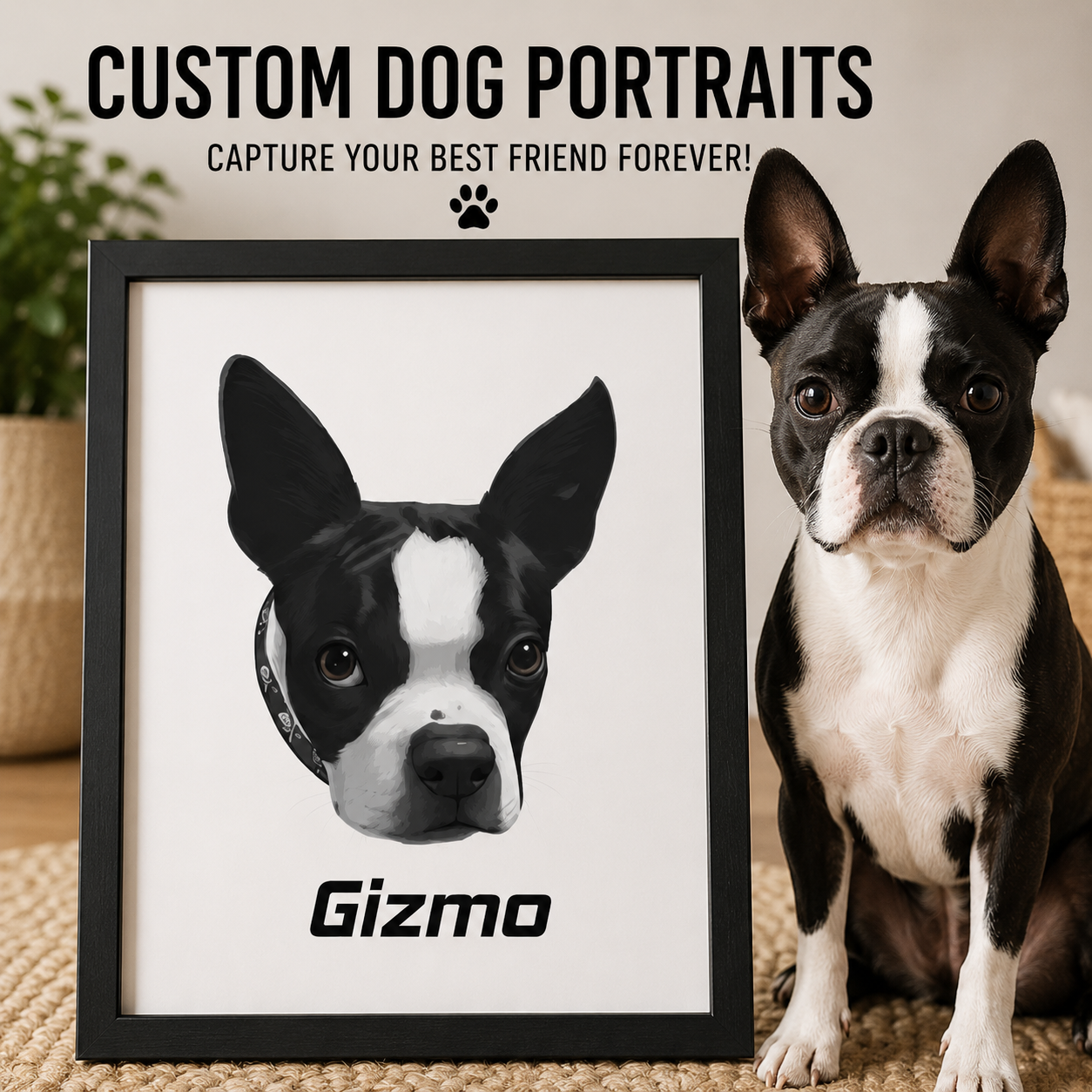 Custom Framed Boston Terrier Dog Portraits .