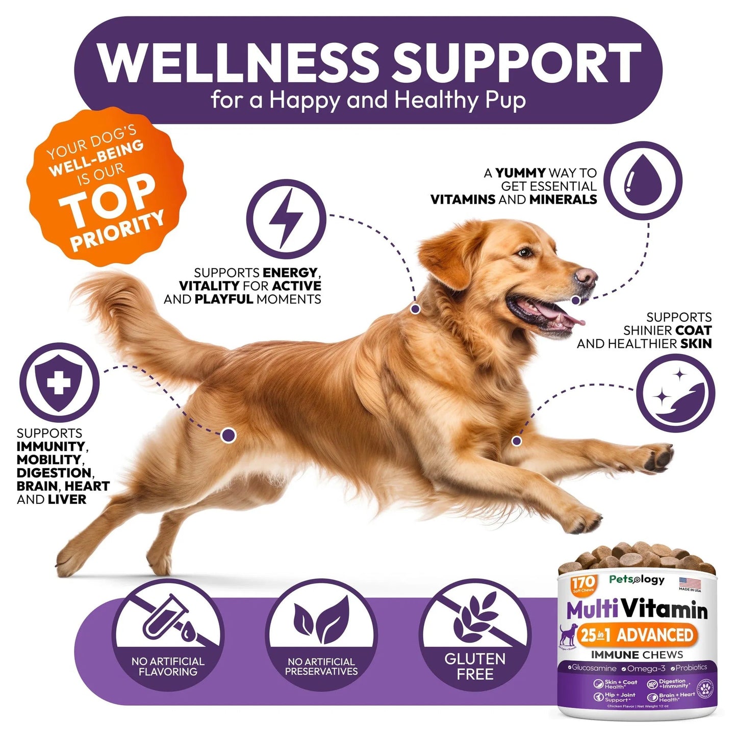 Dog Multivitamin Chewable Dog Vitamins And Supplements With Glucosamine 170 Chews Hip & Joint Immune Support Skin & Coat Gut & Heart Health Senior & Puppy Multivitamin Supplement