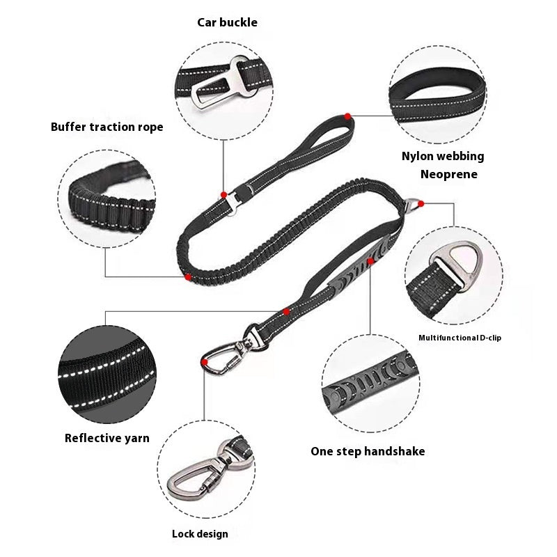 Reflective Dog Leash With Elastic Bungee Buffer And Seat Belt Buckle Clip