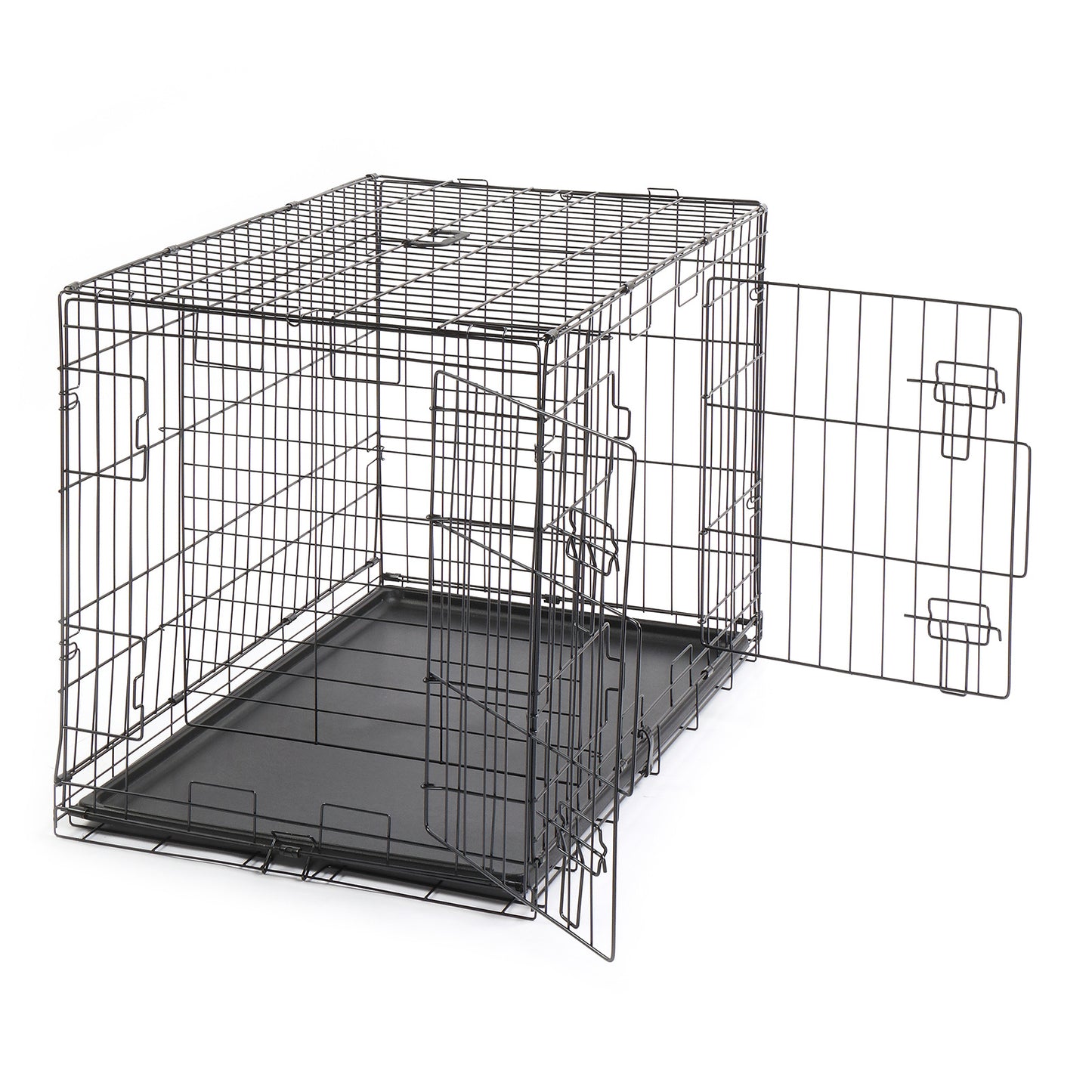 Metal Wire Foldable Dog Crate With Divider Plastic Tray - 42 Inches - Black