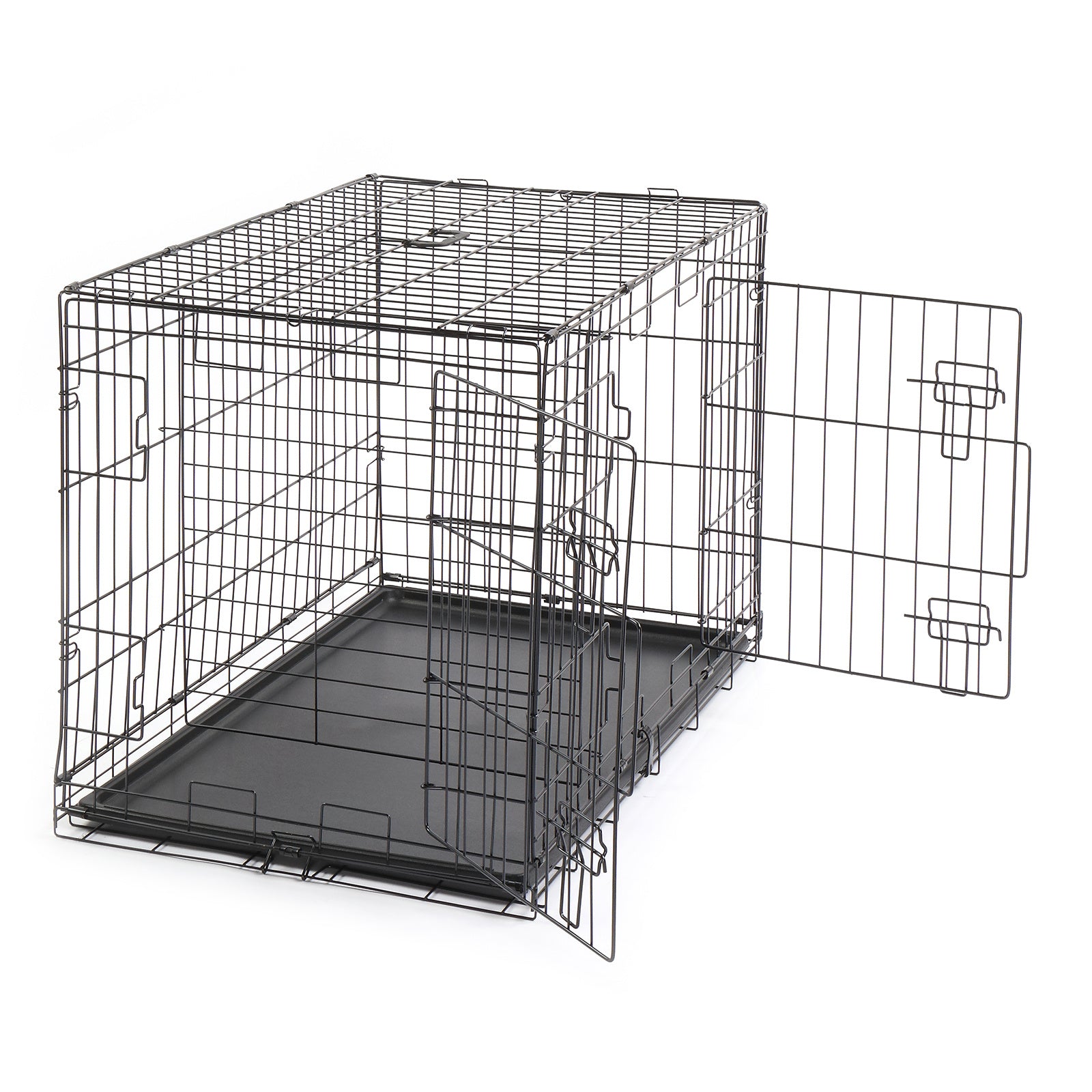 Metal Wire Foldable Dog Crate With Divider Plastic Tray - 42 Inches - Black