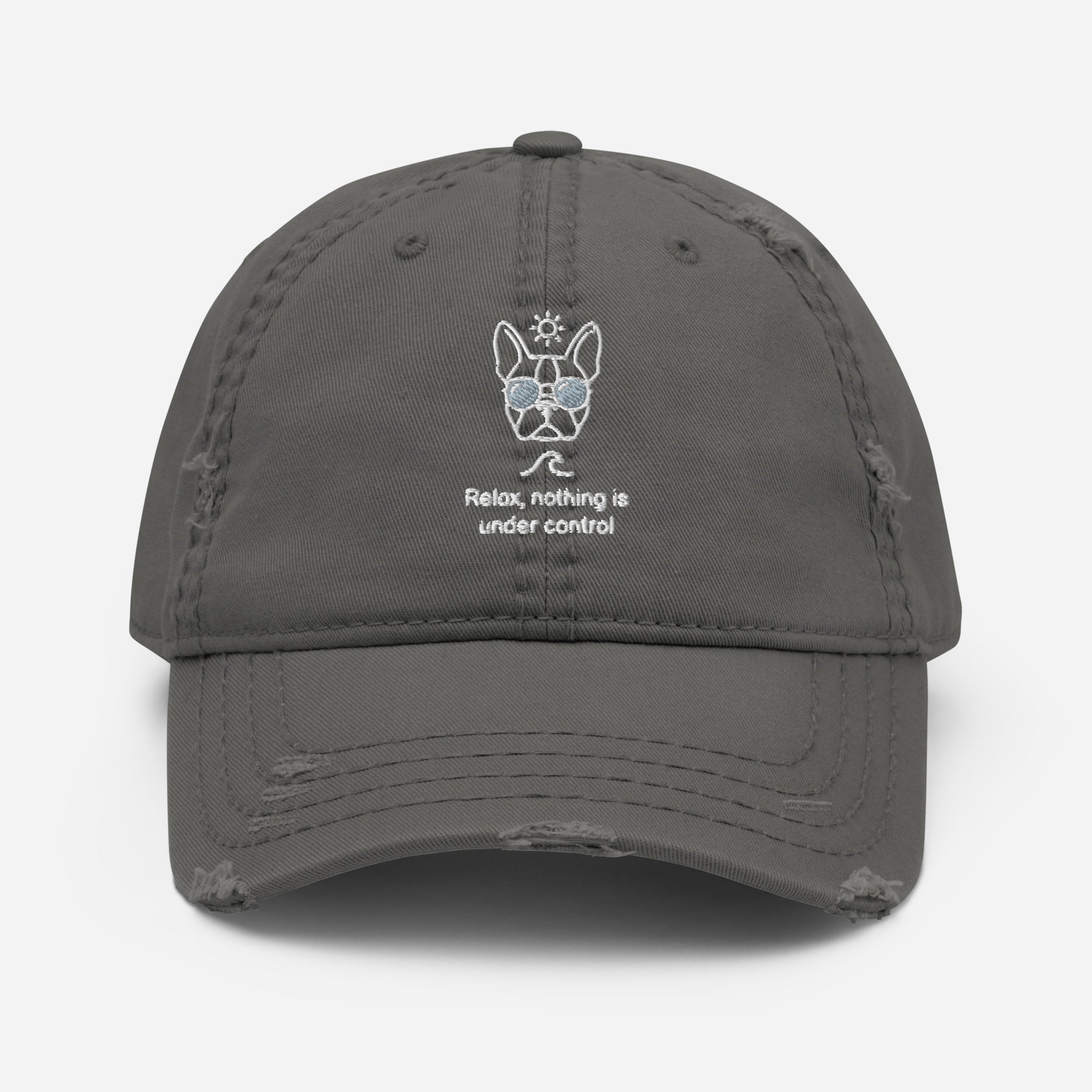 Relax, Nothing Is Under Control Boston Terrier Dog Distressed Dad Hat . Charcoal Grey