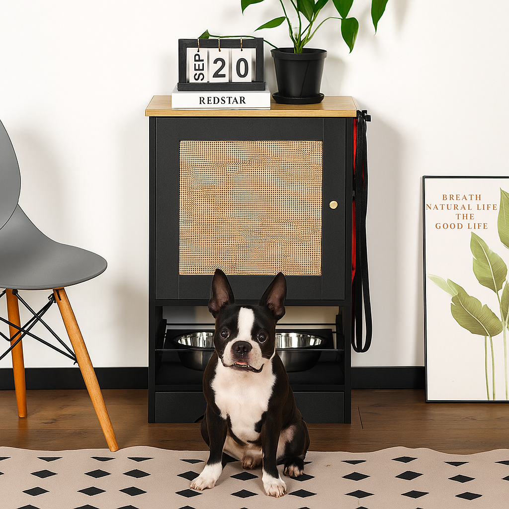 Dog Feeding Station With 2 Elevated Stainless Dog Bowls and Side Hooks