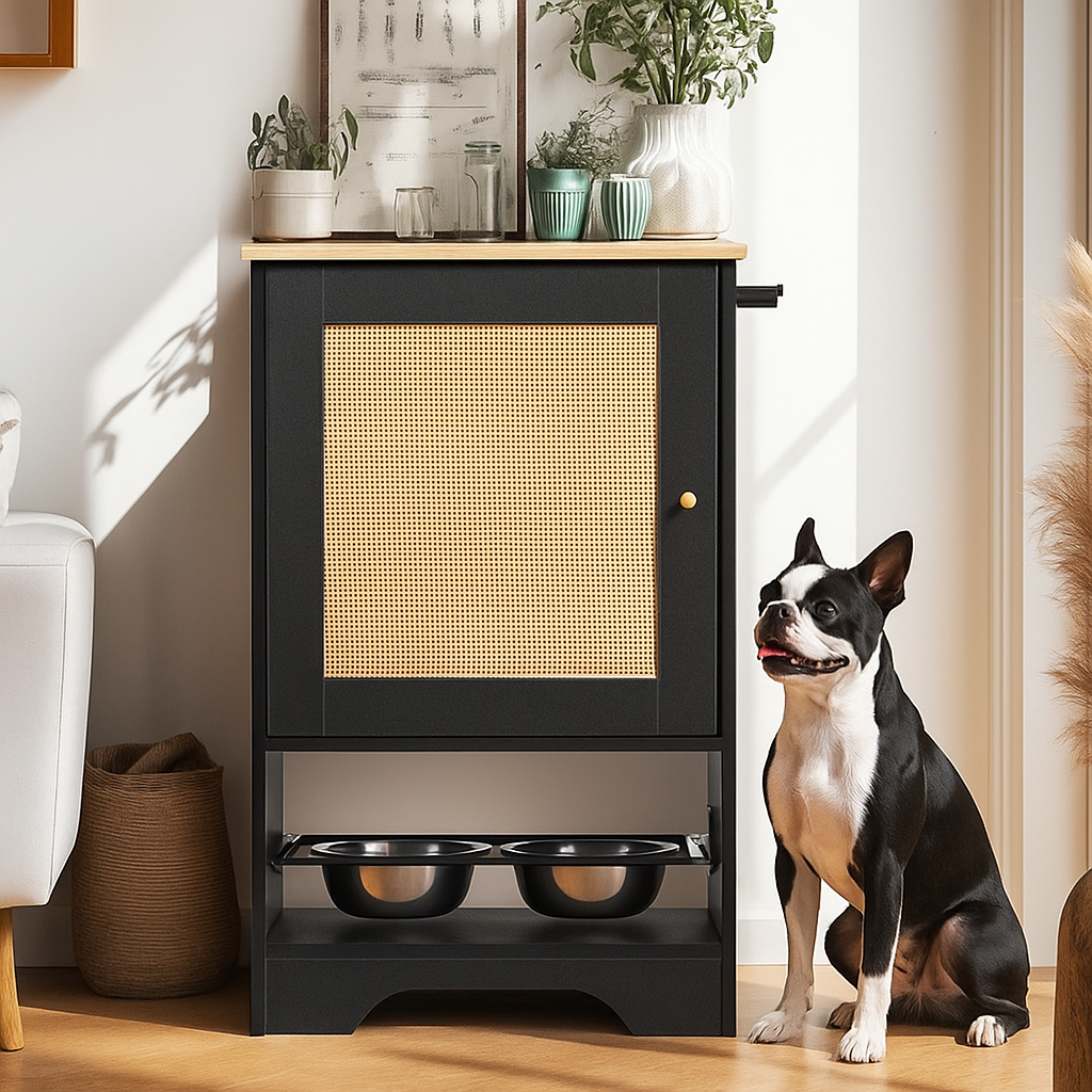 Dog Feeding Station With 2 Elevated Stainless Dog Bowls and Side Hooks