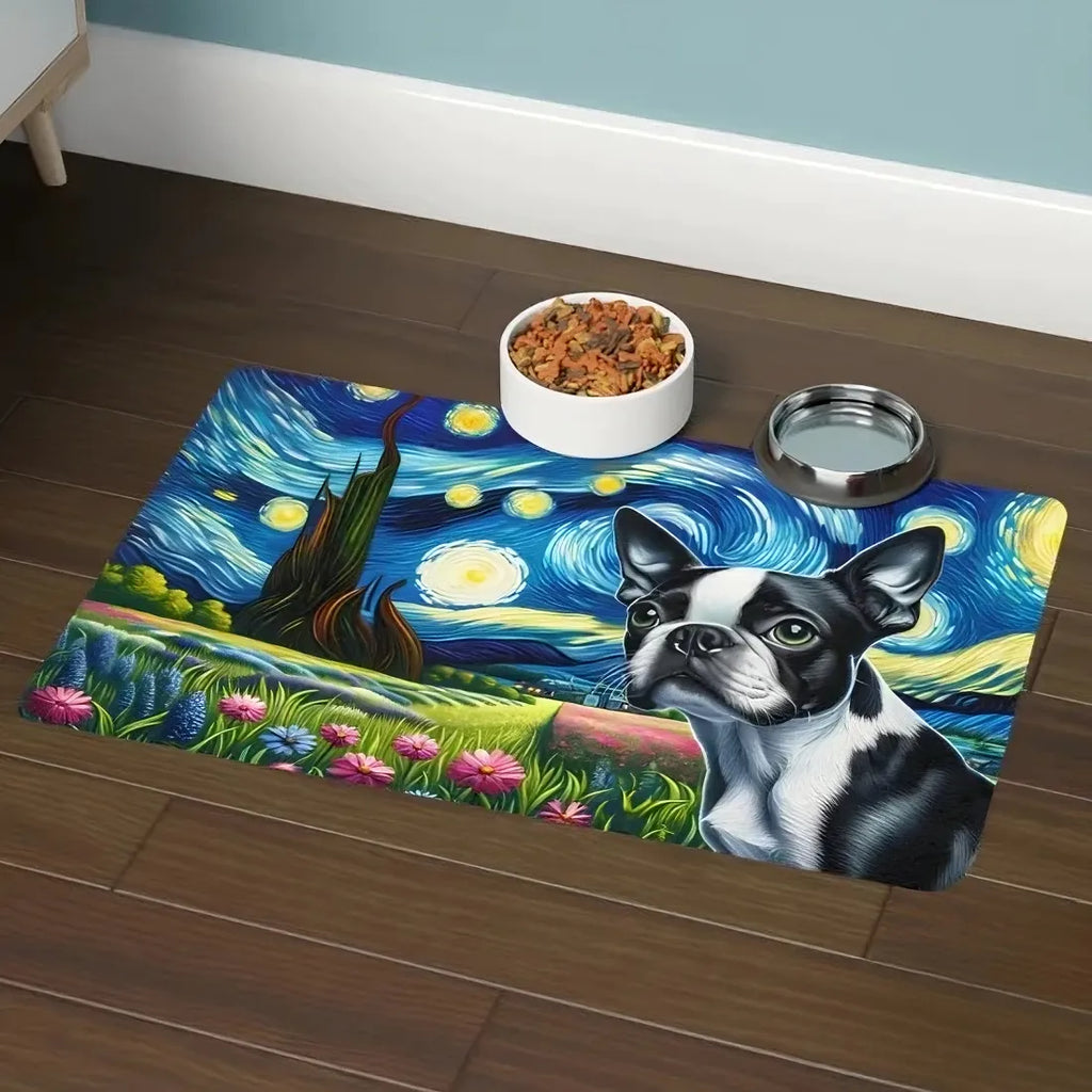 Dog Food Mat - Boston Terrier Starry Night Pet Feeding Mat (12x18)
