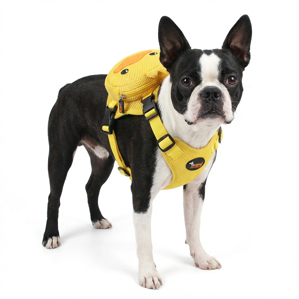 Dog wearing a yellow backpack harness with a Duck design.