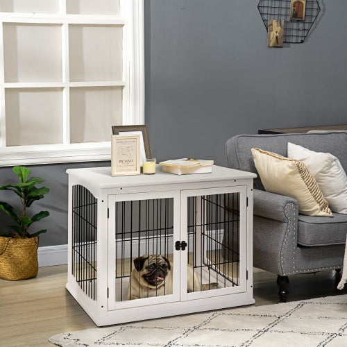 Furniture Dog Crate with Two Open Sides and Lockable Door - White and Black