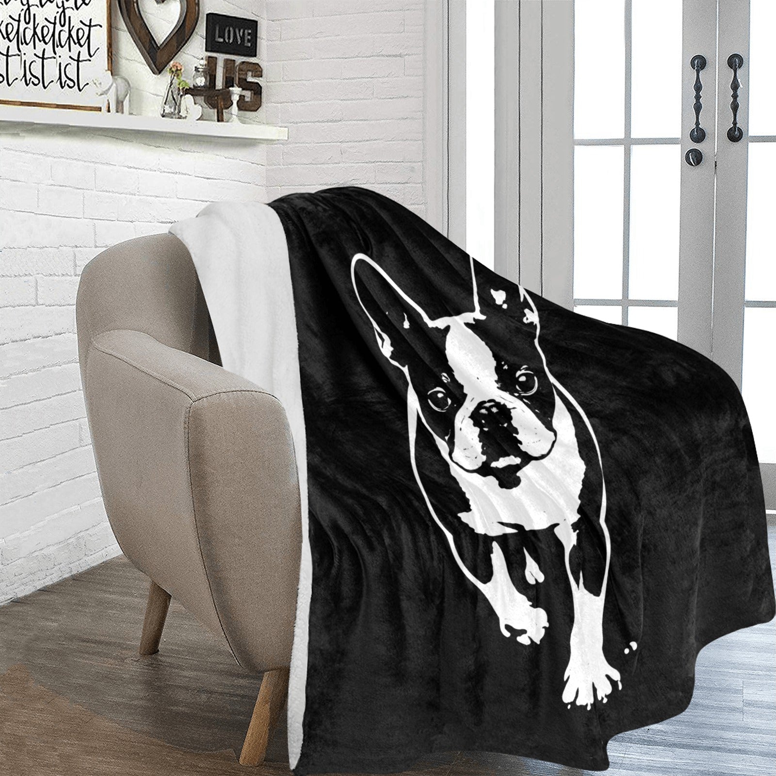 Boston Terrier Stencil Graphic – Minimalist Dog Lover Ultra-Soft Micro Fleece Blanket .