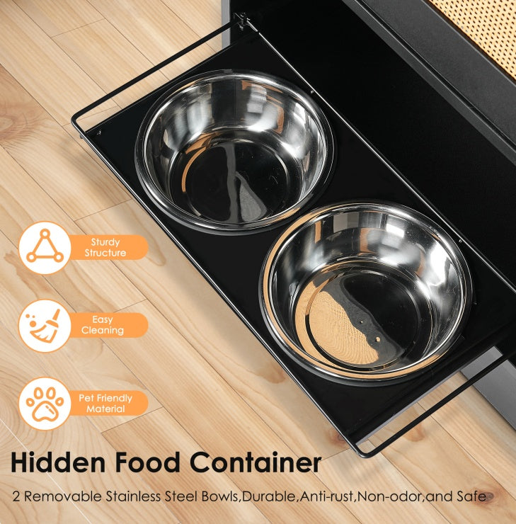 Dog Feeding Station With 2 Elevated Stainless Dog Bowls and Side Hooks