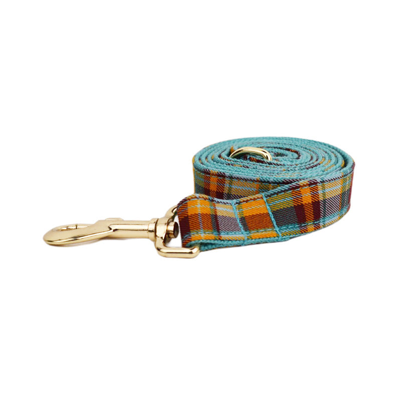 Yellow Blue Red Plaid Dog Collar With Bow Tie And Leash