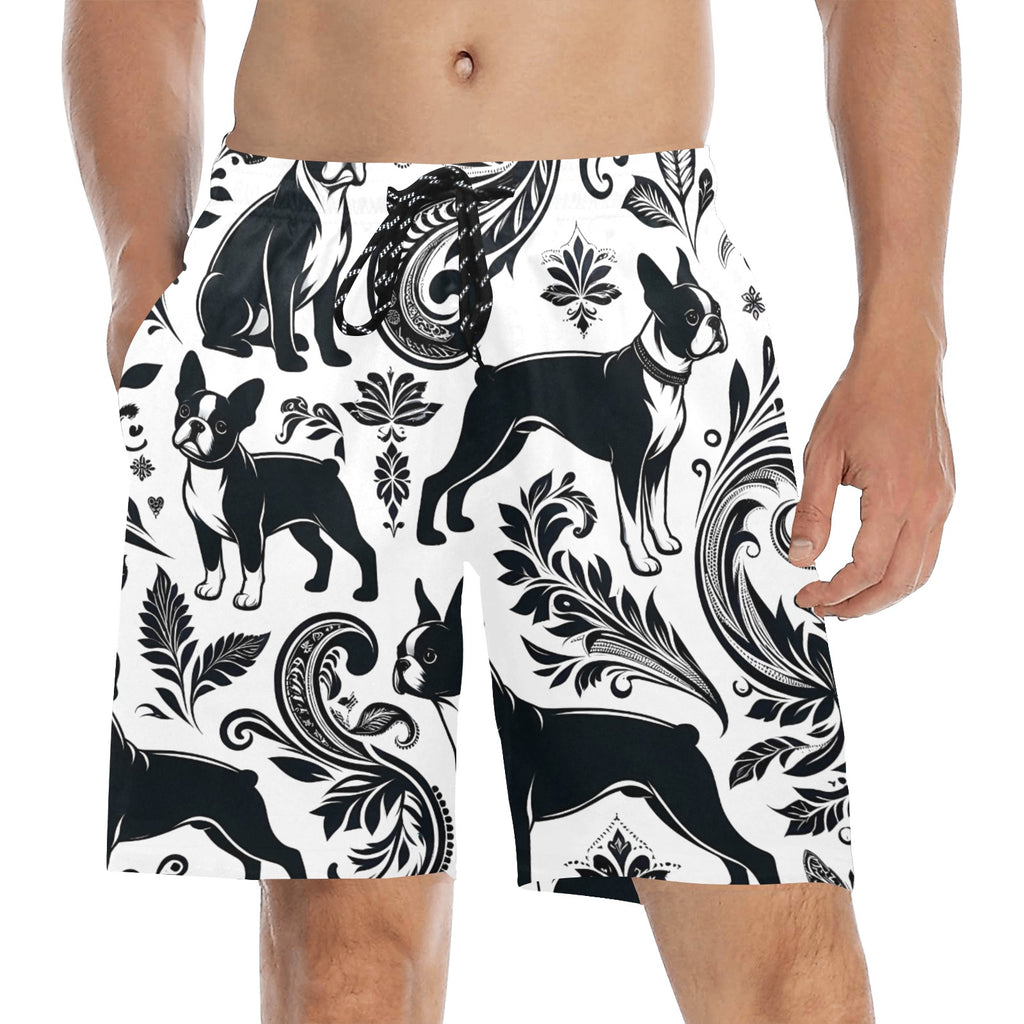 Paisley Boston Terrier Dogs Men's Mid-Length Beach Shorts