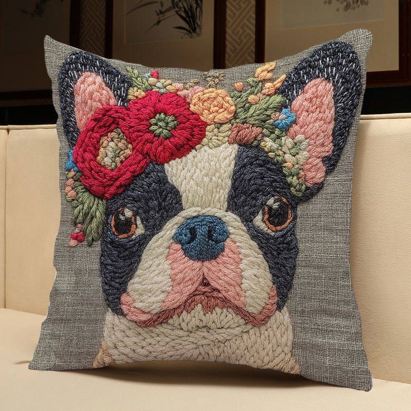 Floral Boston Terrier Pillow Cover – Cute Dog Lover Throw Pillow Case (18x18") .