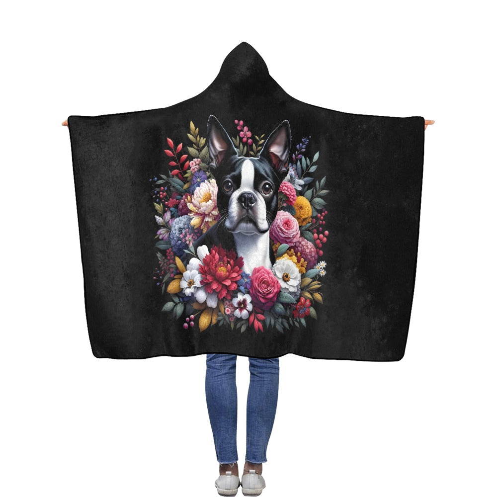 Floral Boston Terrier Dog Flannel Hooded Blanket 50"x60"