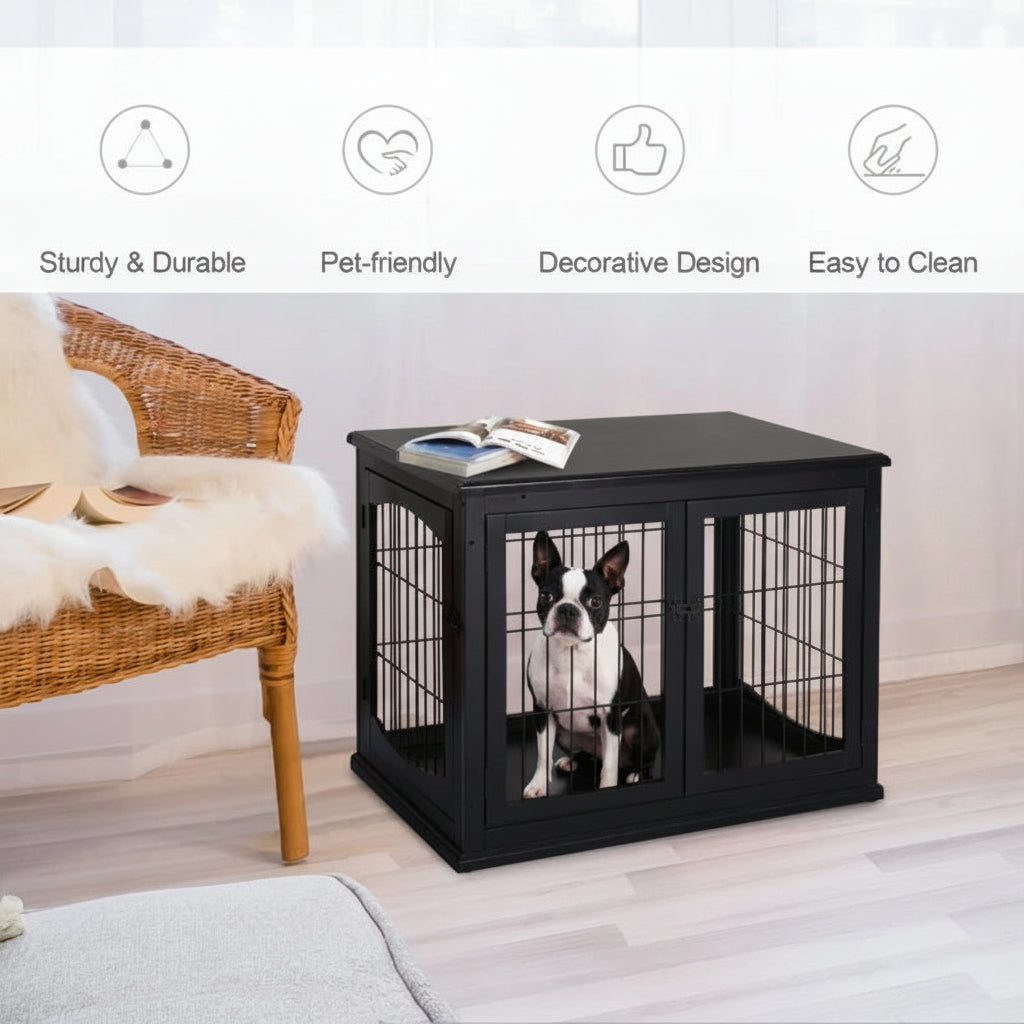 Dog Crate Furniture, 32 Inch Wide Small Medium Dog Cage, End Table With 2 Doors, Puppy Kennel, Black .