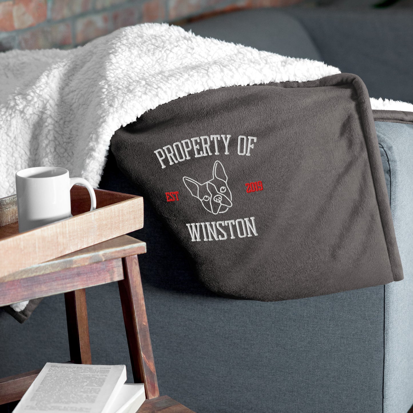 Property Of My Dog Custom Embroidered Premium Sherpa Blanket . Heather Grey