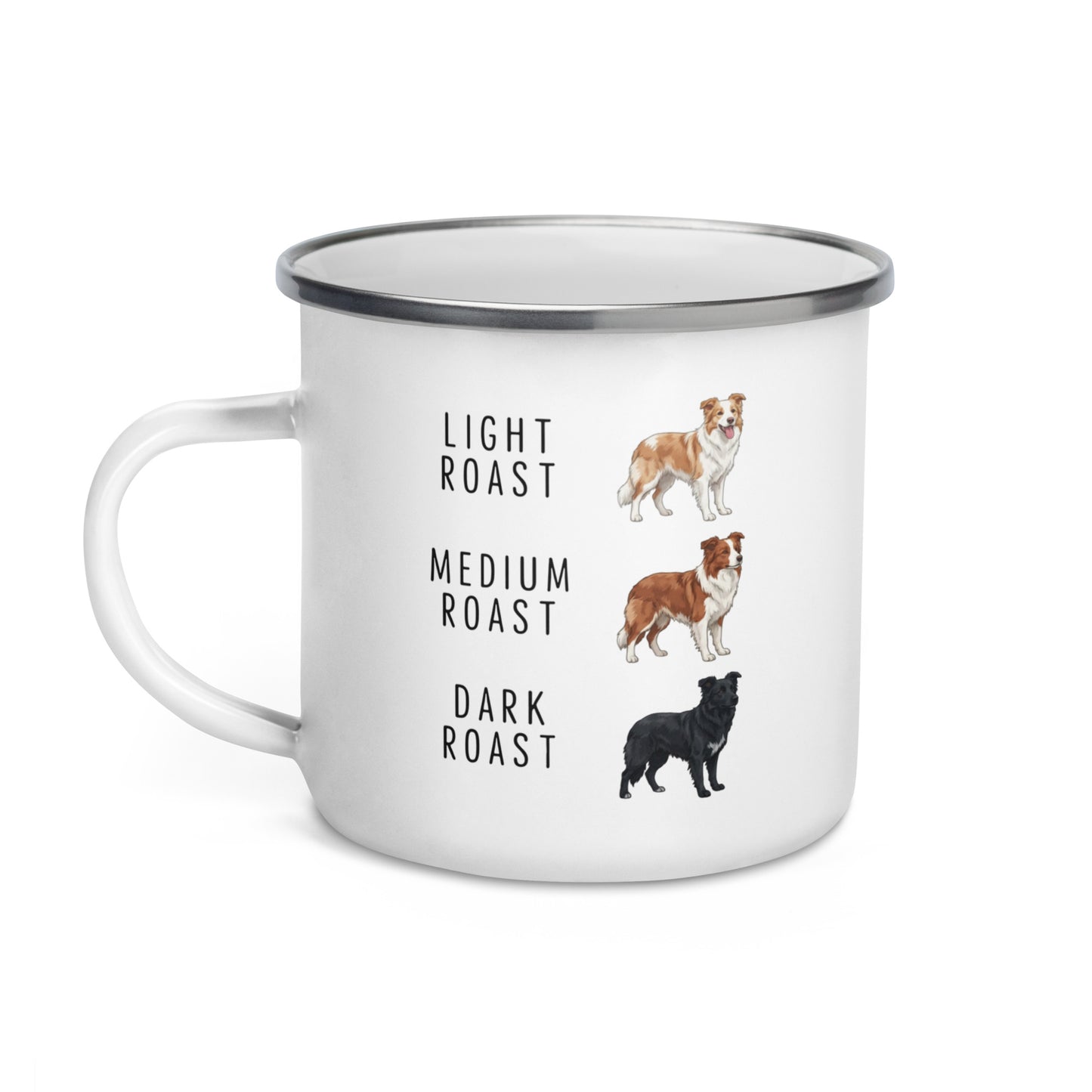 Border Collie Coffee Roast Enamel Mug .