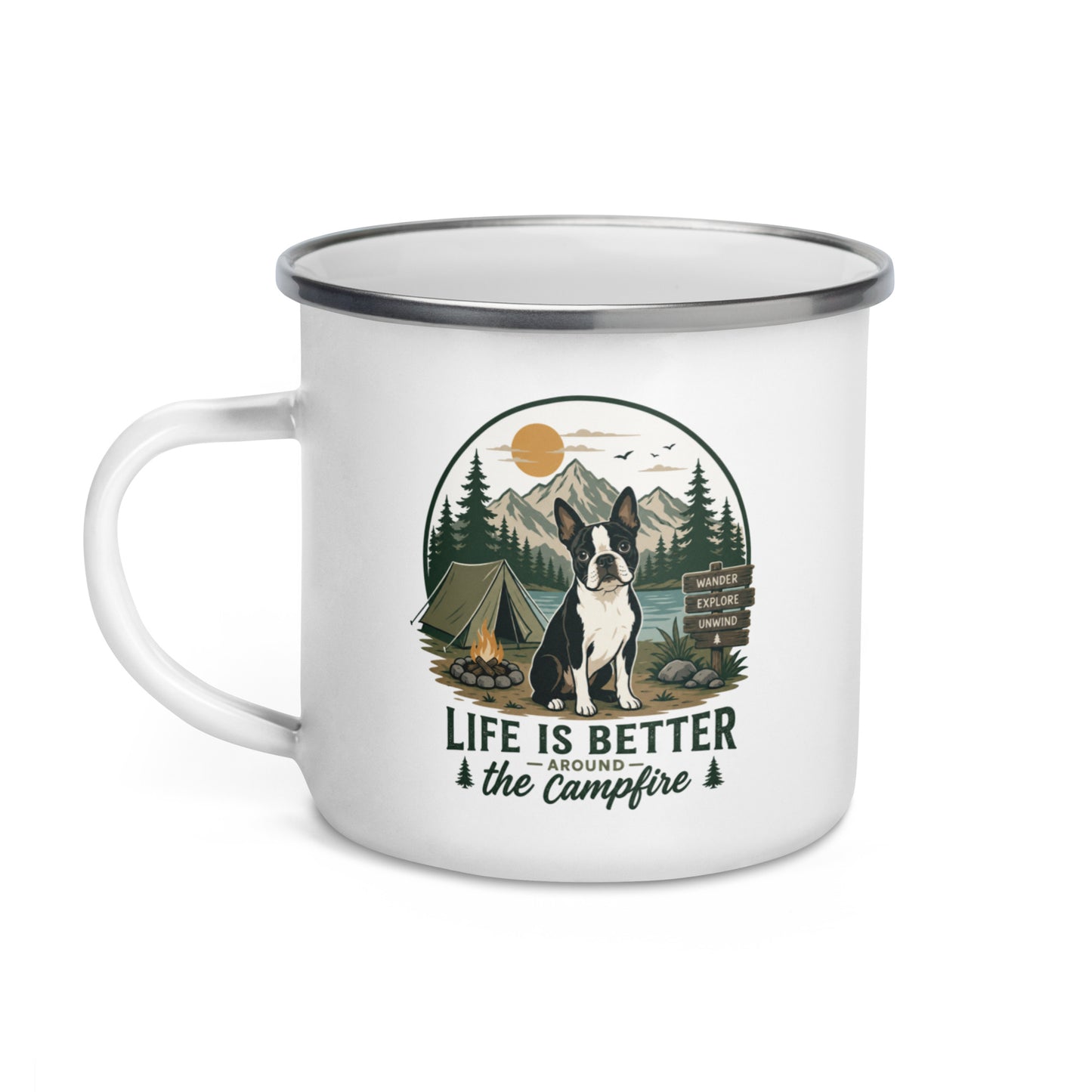 Life Is Better Around the Campfire Boston Terrier Mug, Camping Dog Lover Enamel Mug .