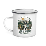 Life Is Better Around the Campfire Boston Terrier Mug, Camping Dog Lover Enamel Mug .