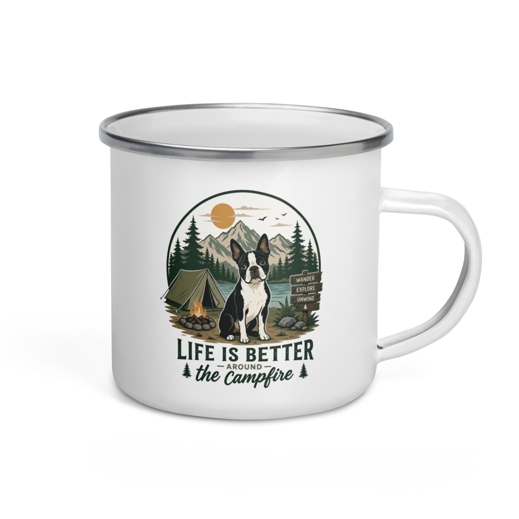 Life Is Better Around the Campfire Boston Terrier Mug, Camping Dog Lover Enamel Mug . Default Title