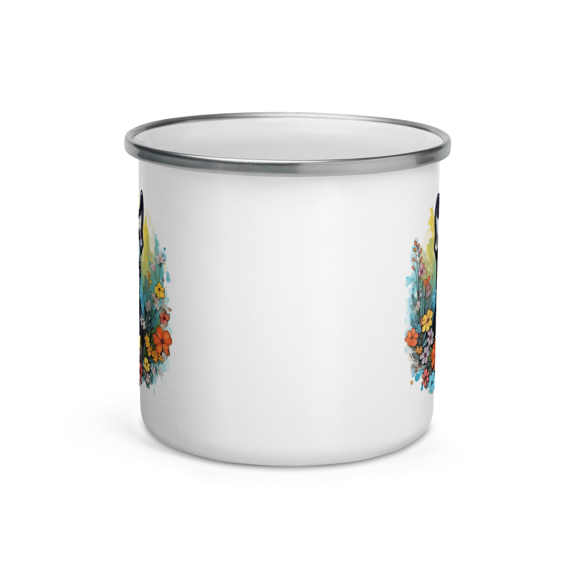 Boston Terrier Surrounded By Flowers Enamel Mug
