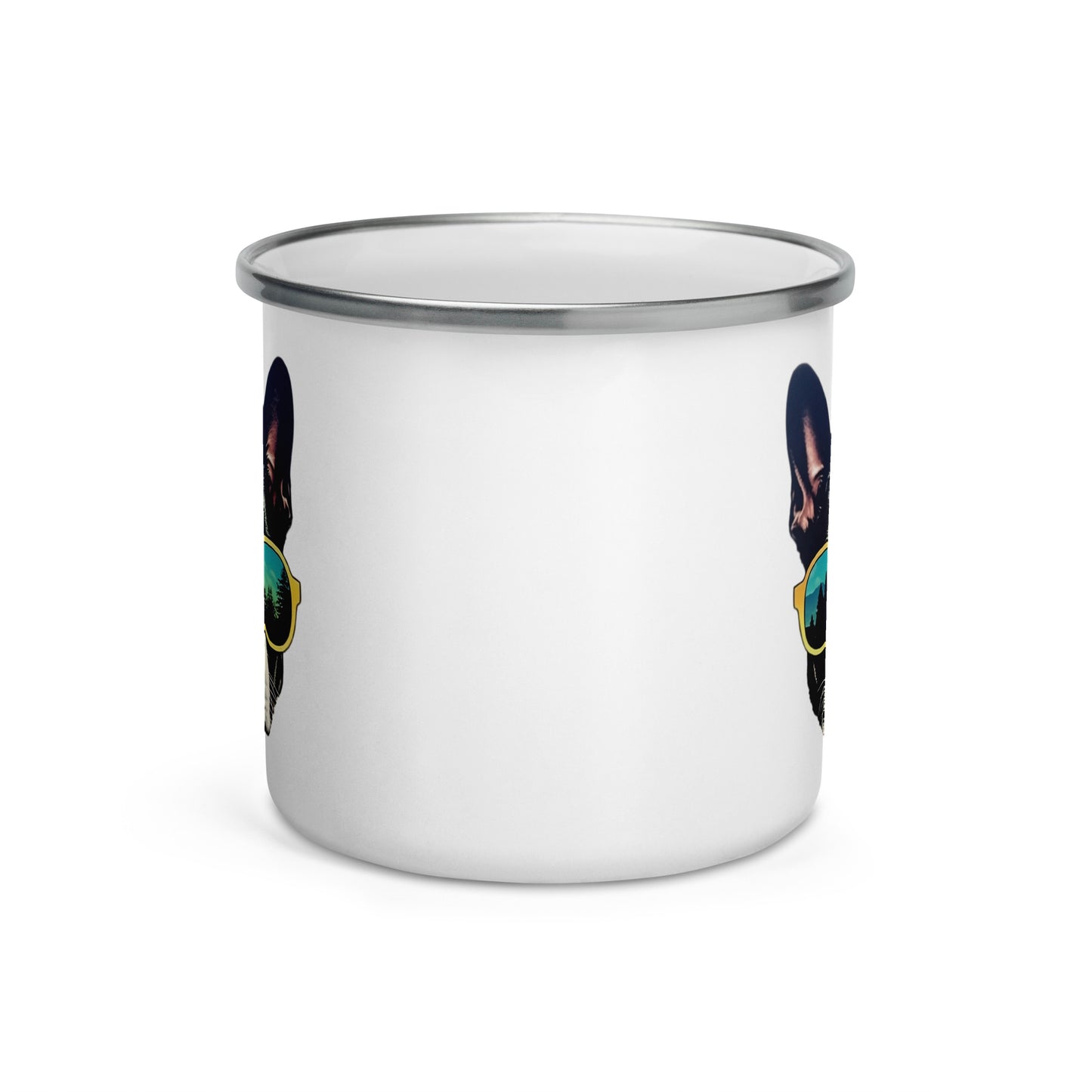 Boston Terrier Dog With Sunglasses In The Forest Enamel Camping Mug