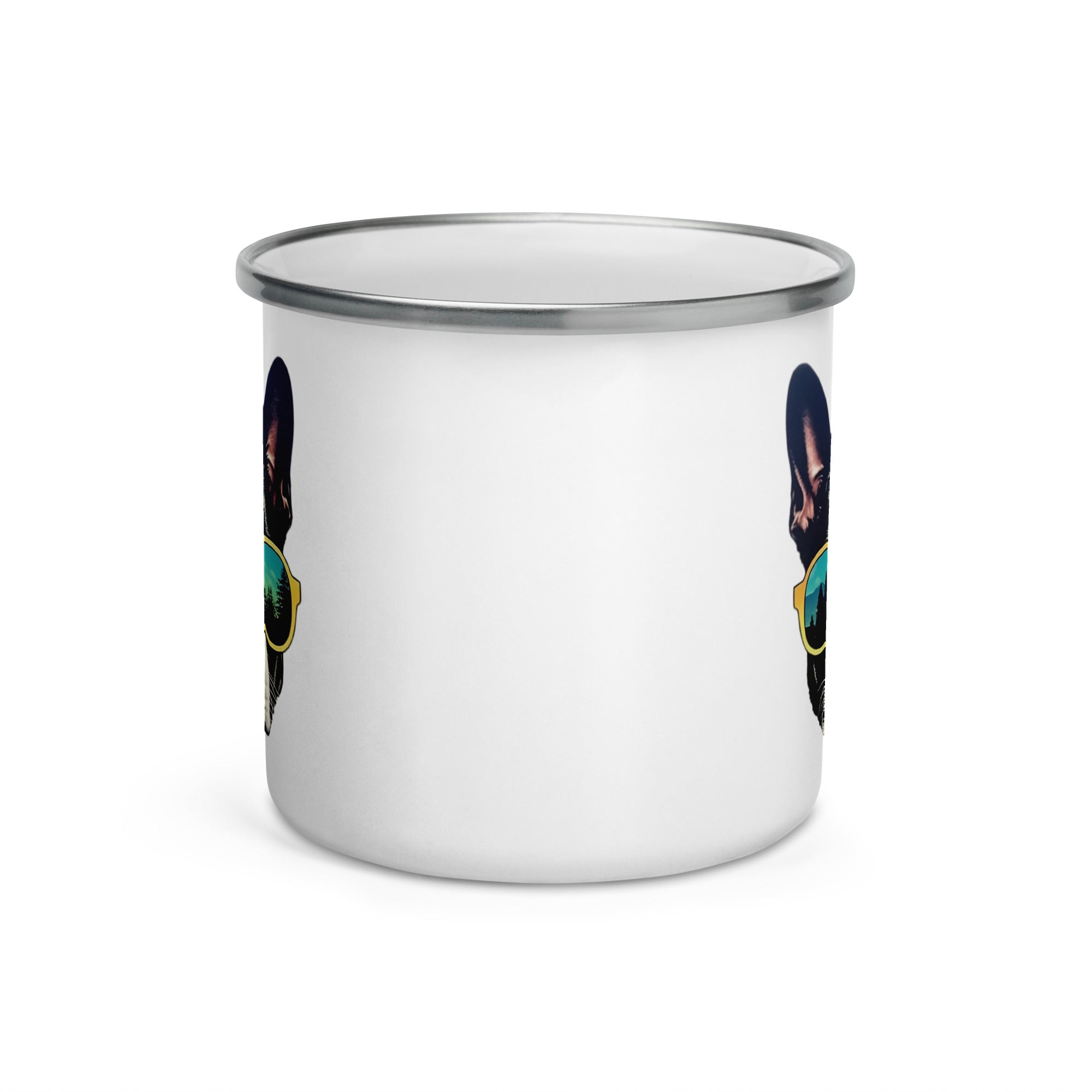 Boston Terrier Dog With Sunglasses In The Forest Enamel Camping Mug