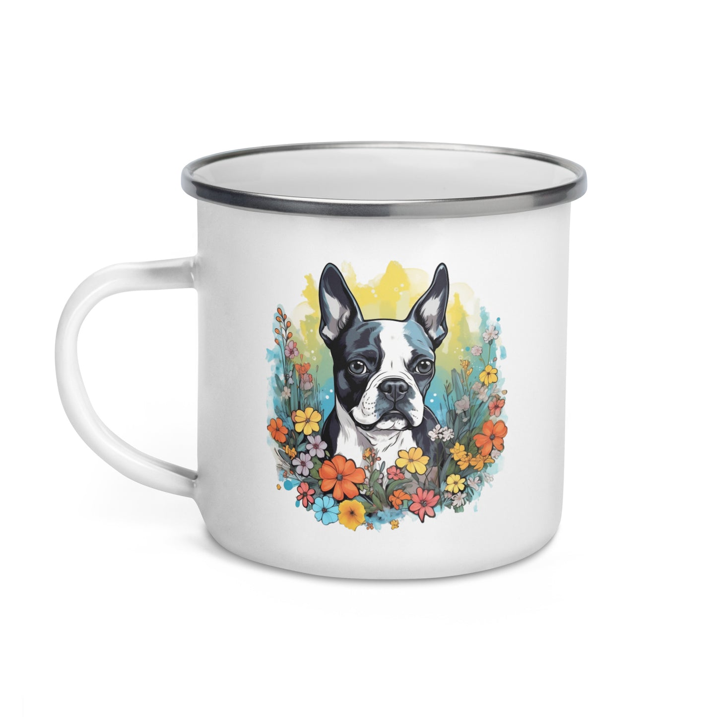 Boston Terrier Surrounded By Flowers Enamel Mug