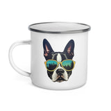 Boston Terrier Dog With Sunglasses In The Forest Enamel Camping Mug
