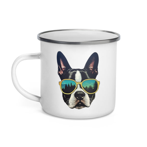 Boston Terrier Dog With Sunglasses In The Forest Enamel Camping Mug