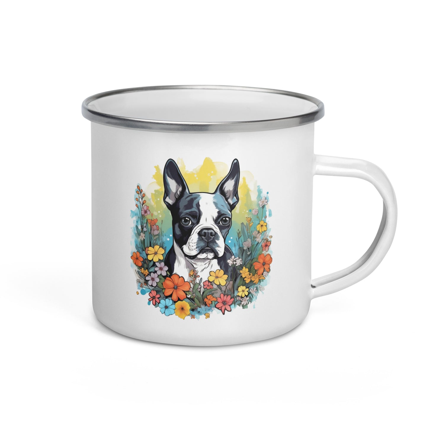 Boston Terrier Surrounded By Flowers Enamel Mug
