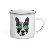 Boston Terrier Dog With Sunglasses In The Forest Enamel Camping Mug