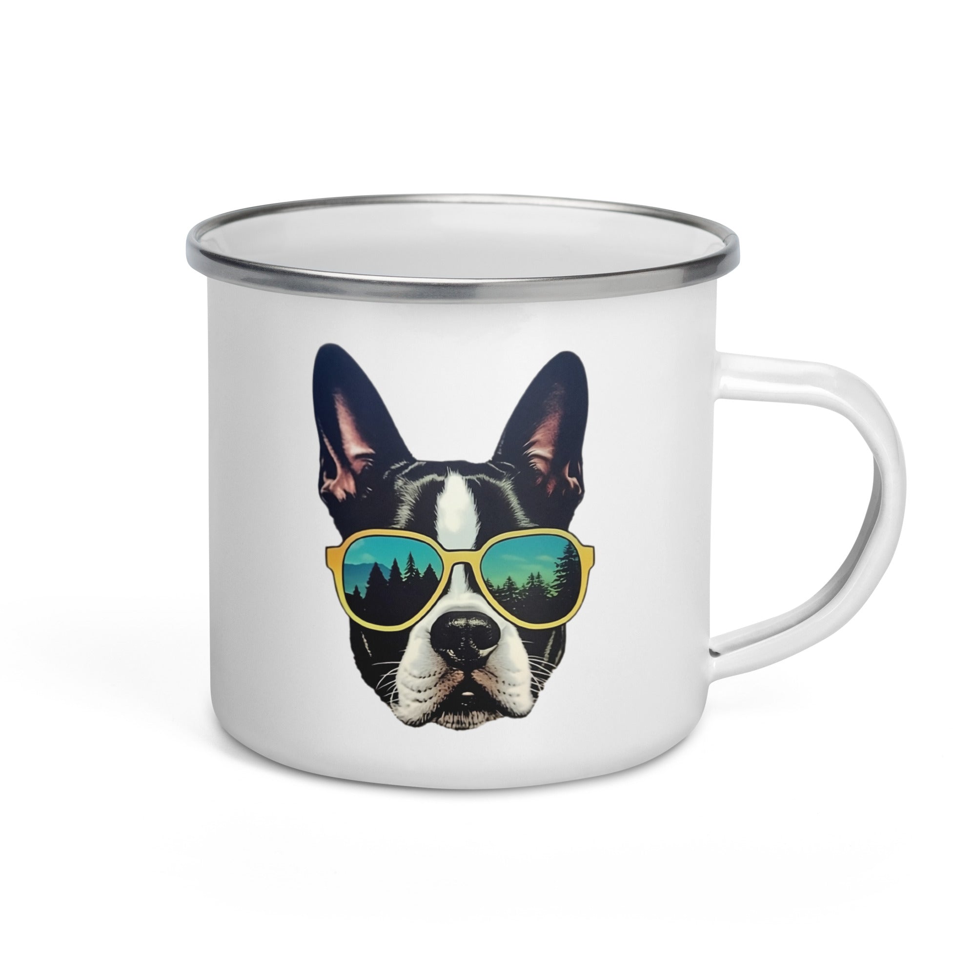 Boston Terrier Dog With Sunglasses In The Forest Enamel Camping Mug