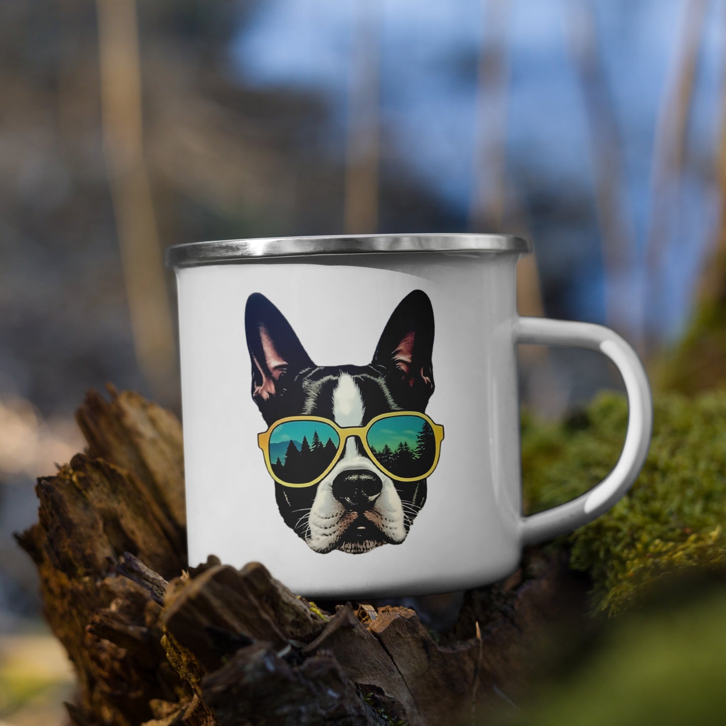 Boston Terrier Dog With Sunglasses In The Forest Enamel Camping Mug