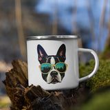 Boston Terrier Dog With Sunglasses In The Forest Enamel Camping Mug