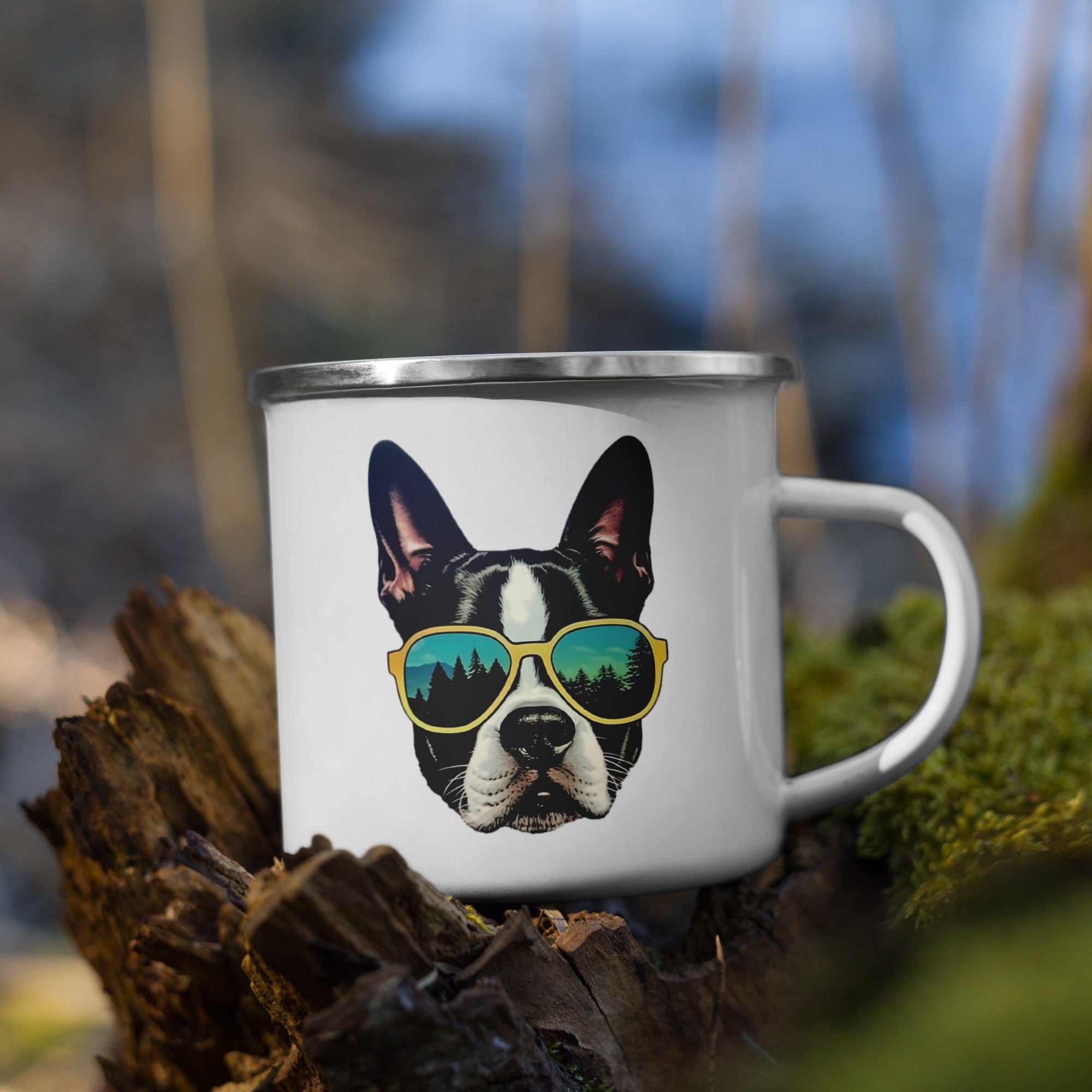 Boston Terrier Dog With Sunglasses In The Forest Enamel Camping Mug