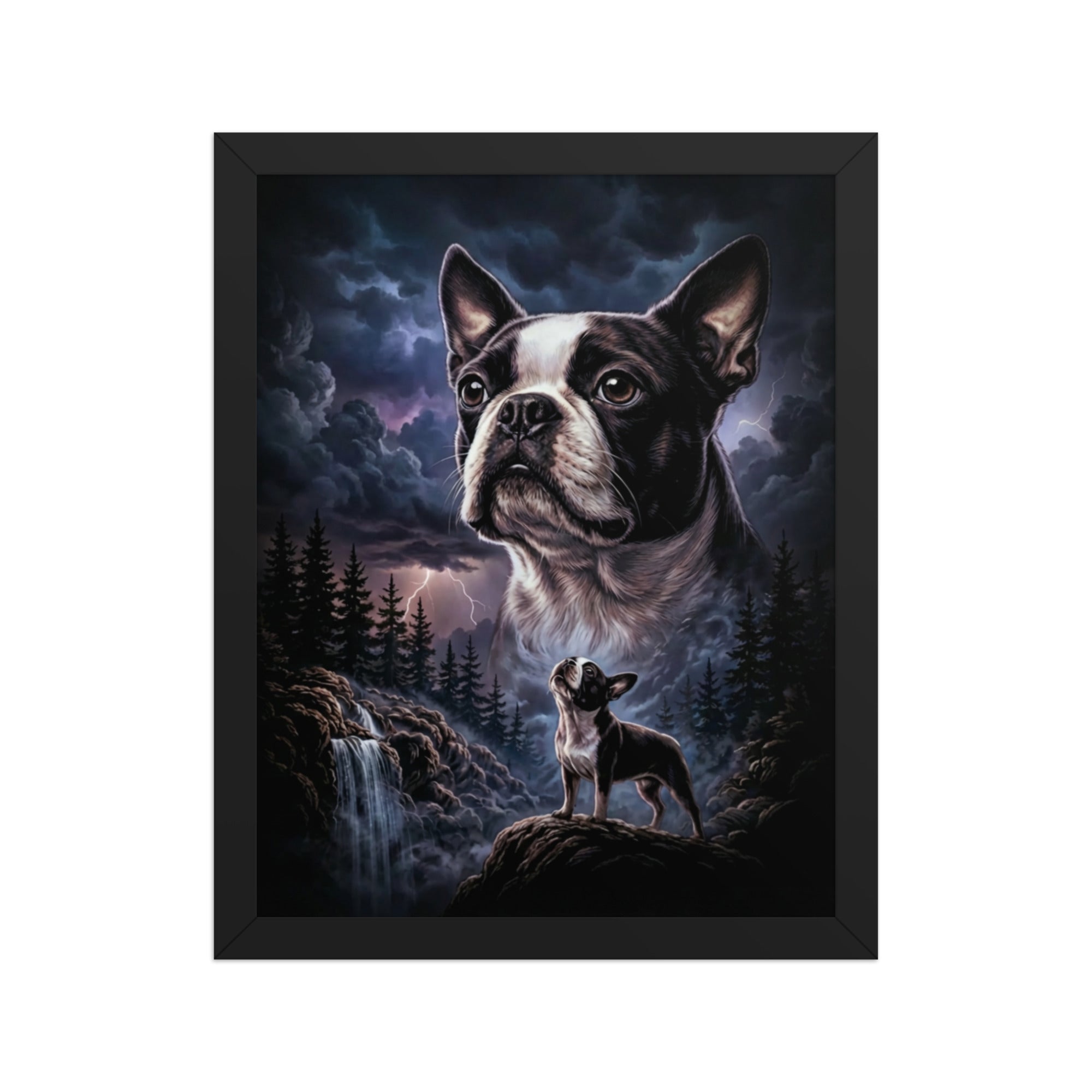 Storm Guardian – Majestic Boston Terrier Night Art Framed Poster . Black 11″×14″