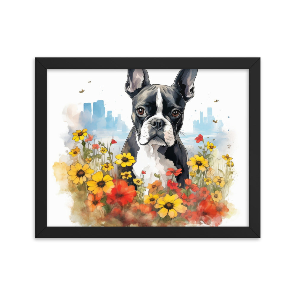 Boston Terrier Dog In A Garden Outside The City Framed Poster