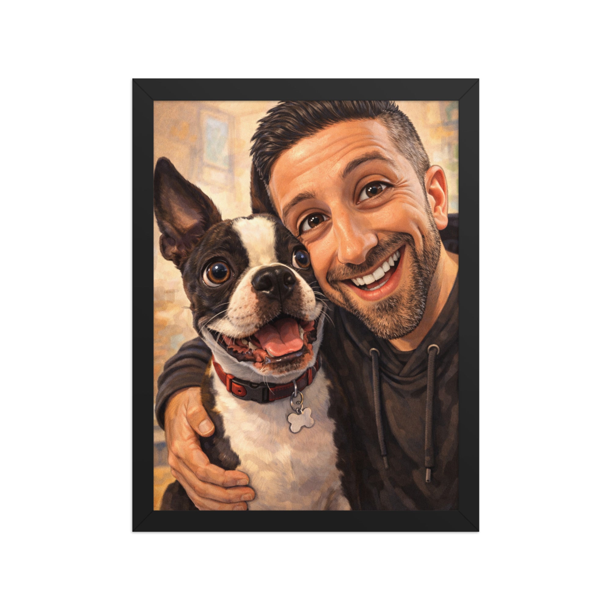 Custom Caricature Dog And Owner Portrait Framed Poster . Black 12″×16″